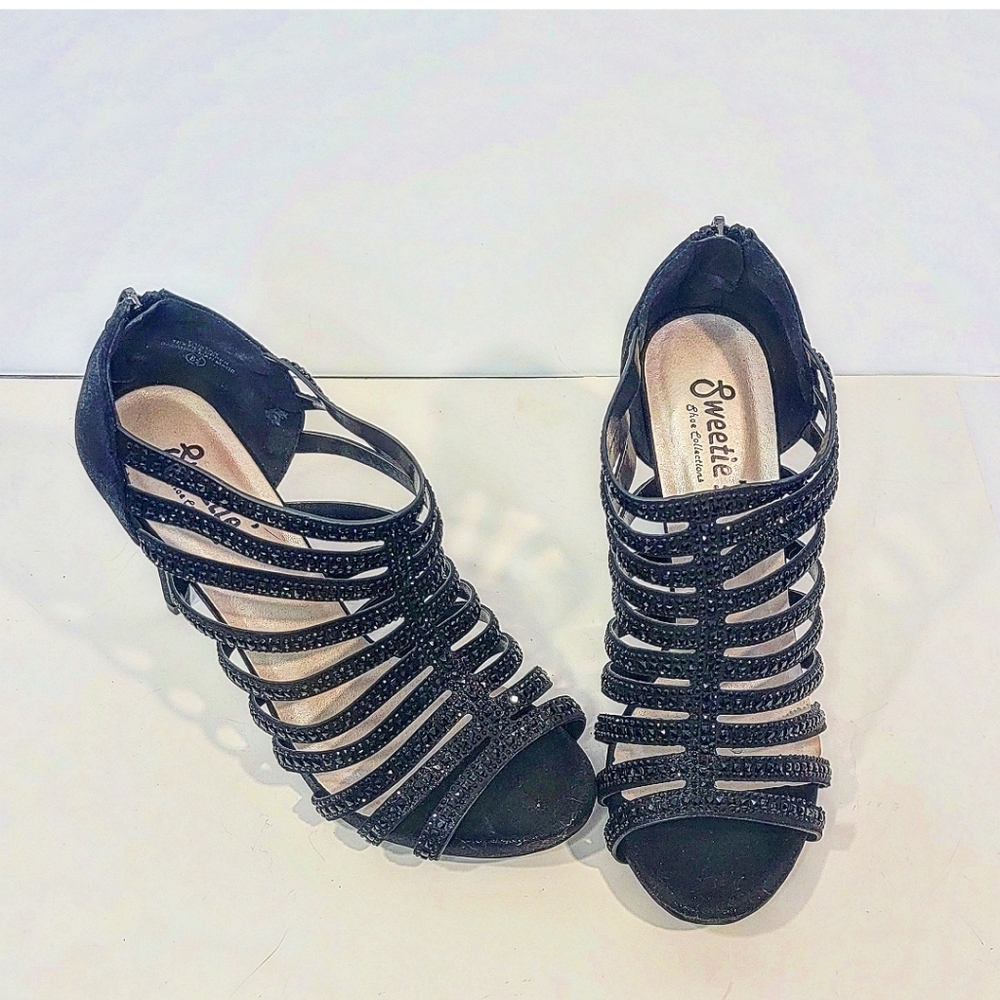 SWEETIES YRISTAN BLACK RHINESTONE SCRAPPY HEELS